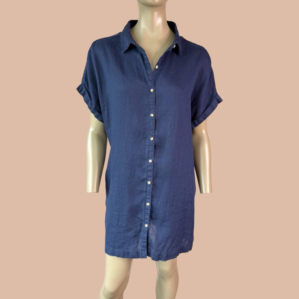 Nicole Miller NY Linen Tunic Shirt Dress Women XL Navy Button Down Short Sleeve